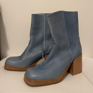 2/$50. Vintage CONNIE TOO Blue Leather Square Toe Platform Heel Boots, Size 11
